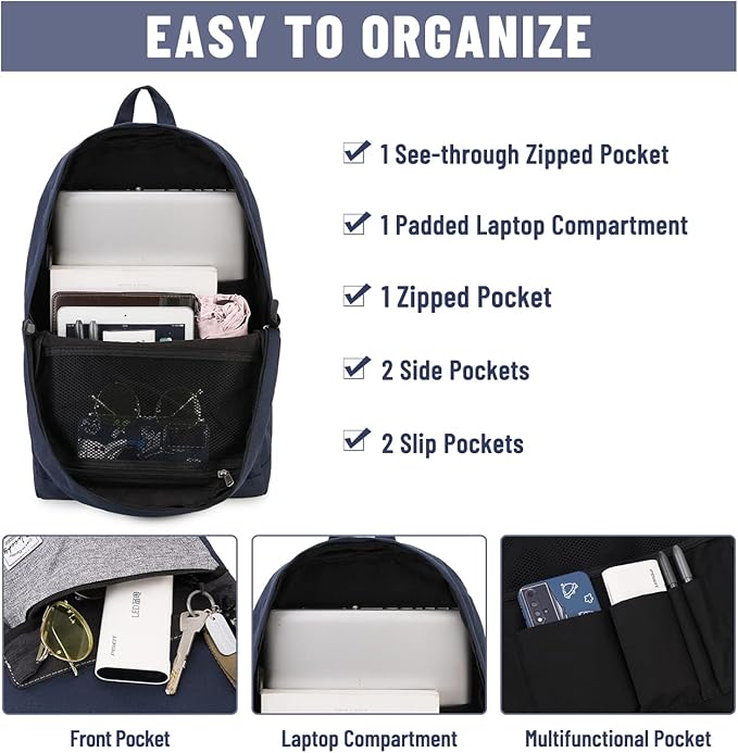 VASCHY Backpack for Men Women, Water-Resistant School Backpack Bookbag Schoolbag Casual Daypack Work Navy