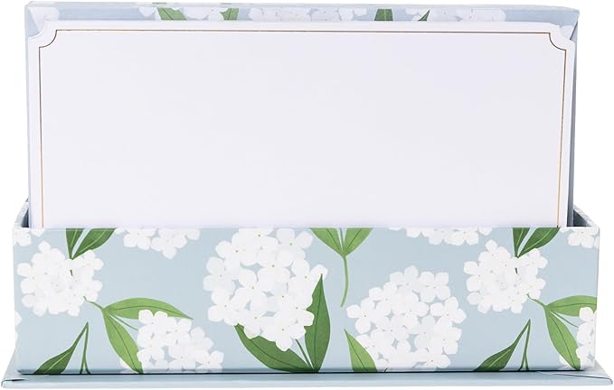 Graphique All Occasion Flat Notes, Pack of 50 Blank Index Cards with Envelopes & Decorative Storage Box, Thick Cardstock Stationary Gift, White Hydrangeas, 5.625” x 3.5”