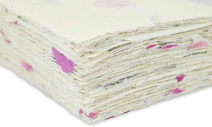Handmade Lokta Card Stock 5x7 Inch Deckle-edge Paper with Bougainvillea Petal and Titepati leaves. for Vintage Stationery, Printing, and Decorative Invitations (100 Sheets, Forest Wanderer)