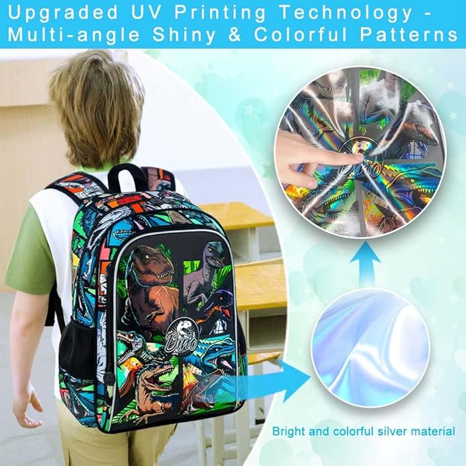 CCJPX 3PCS Dinosaur Backpack for Boys, 16 Inch Water Resistant Preschool Bookbags, Cool Kindergarten School Backpacks and Lunch Box