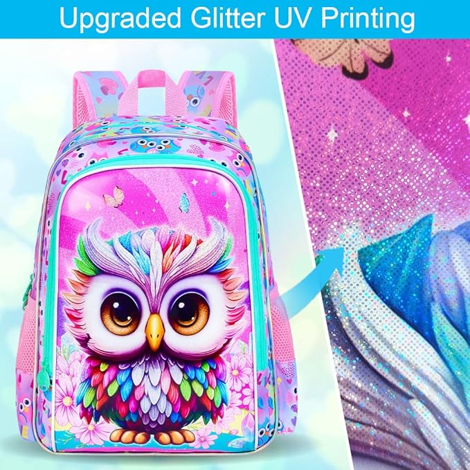 3Pcs Backpack for Girls, 16" Kids Bookbag with Lunch Box, Owl School Backpacks Set for Elementary Preschool Kindergarten(Pink)