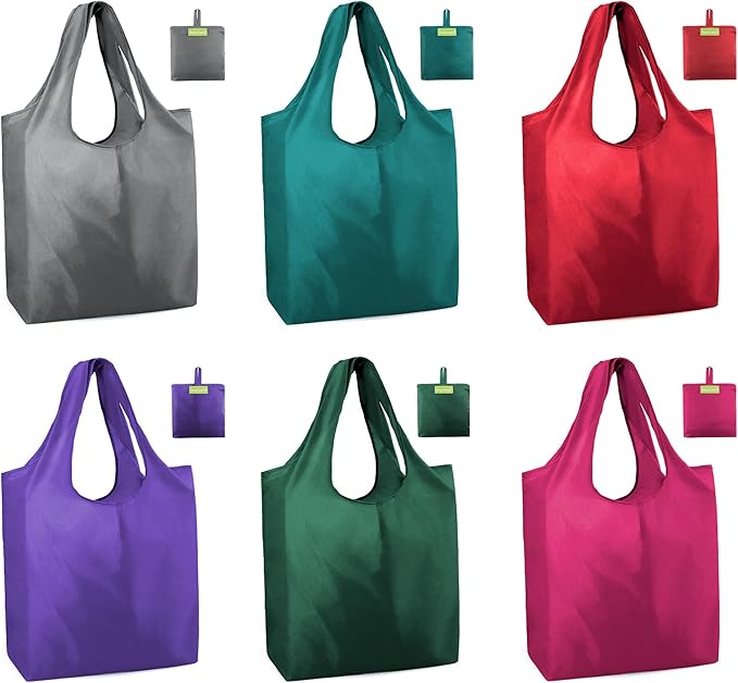 BeeGreen Colorful Reusable Grocery Bags 6 Pack, Heavy Duty Totes for Women, Foldable Grocery Bag Large Shopping Totes with Handles for Work, Travel, Gift, Store, Polyester Washable Reusable Tote Bag