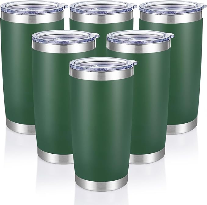 20 oz Tumblers Bulk Stainless Steel Tumbler with Lid Double Wall Vacuum Insulated Coffee Mug 20oz Powder Coated Cup for Hot and Cold Drinks, Dark Green, 6 pack