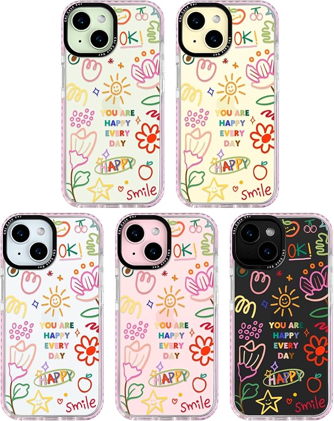 for iPhone 15 Case, Doodle Happy Collage Pattern, Military-Grade Drop Protection, Cute Soft Slim TPU Protective Cover with Camera Lens Protection for Women & Girls