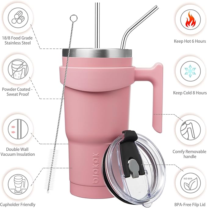 BJPKPK Tumbler With Handle 20 oz Stainless Steel Double Wall Insulated Tumbler Cups With Lid And Straw,Light Pink