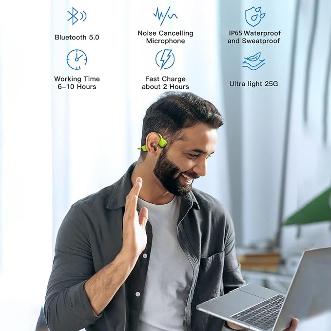 Bone Conduction Headphones, Open Ear Bluetooth 5.0 Headset, Lightweight Sweatproof Wireless Sport Earphones with HD Microphone, 8H Playtime for Running, Cycling, Workouts