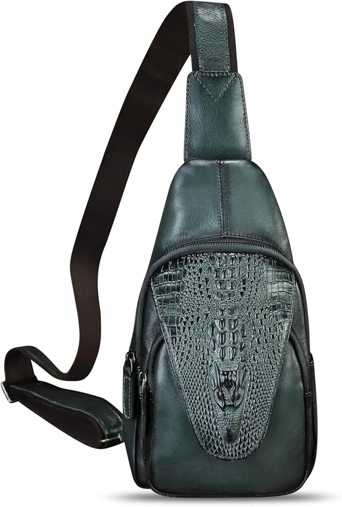 Genuine Leather Sling Bag Embossed Crocodile Pattern Leather Crossbody Sling Backpack Handmade Chest Purse Daypack (Darkgrey)