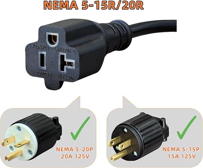 1-Foot 15 Amp Household AC Plug to 20 Amp T Blade Adapter Cable，14AWG 1-Foot 15 Amp to 20 Amp Plug Adapter Cord Nema 5-15P to 5-15R/5-20R 20Amp Comb AC Power Cord, Black