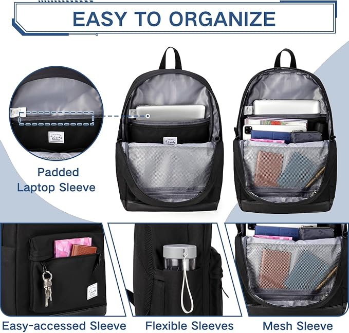 VASCHY Backpack for Men Women, Water-Resistant School Backpack Bookbag Daypack for Teens/College Students Plain Black