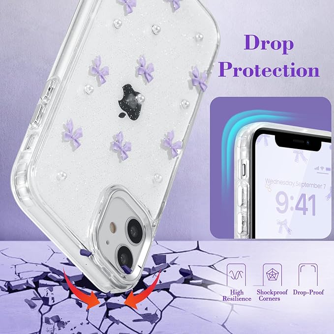 EYZUTAK Case for iPhone 12/iPhone 12 Pro, Bling Glitter 3D Bowknot Phone Case Cute Sparkly Crystal Clear Bow Aesthetic Case Slim Soft Durable TPU Transparent Protective Cover for Women Girl-Purple Bow
