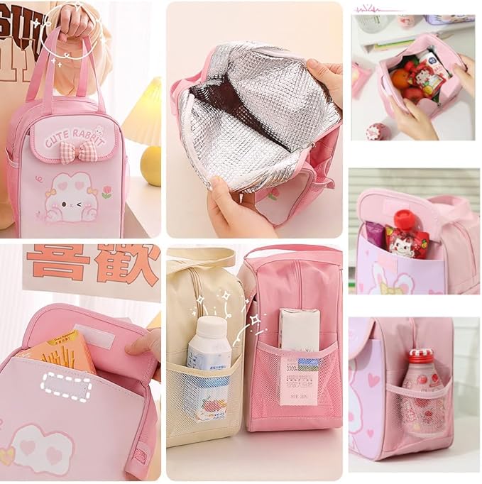 Girl Backpack for School Kids, Pink Cute Bookbag with Lunch Box Rainbow Elementary School Bag Pencil Case (Pink,3Pcs Set)