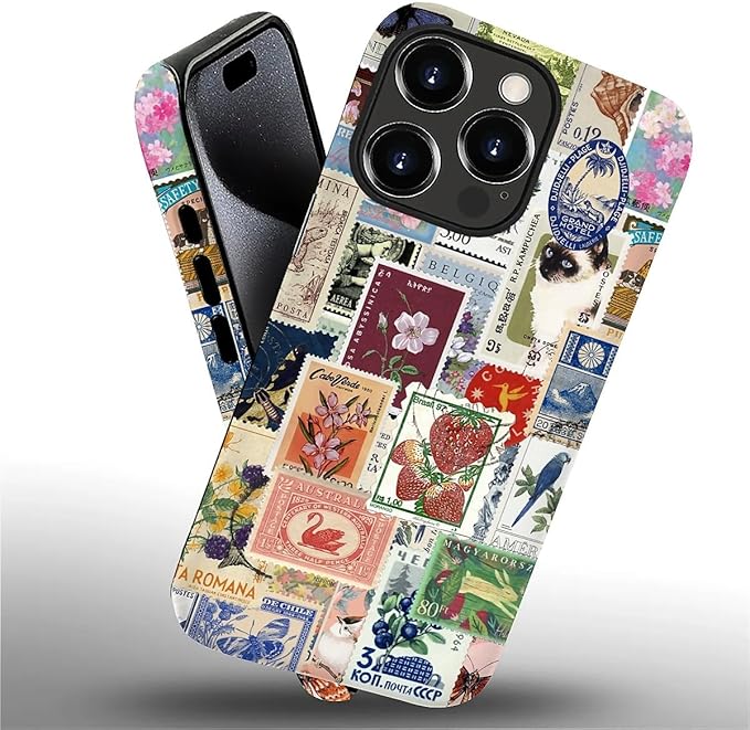 Case for iPhone 16 Pro Max,Vintage Stamp Collage for Woman Men Full Body Protective Cover Shockproof 2 in 1 Silicone + Hard PC Case for iPhone 16 Pro Max