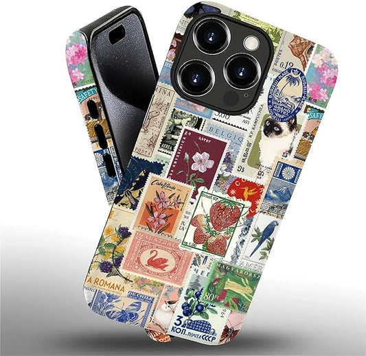 Case for iPhone 16 Pro Max,Vintage Stamp Collage for Woman Men Full Body Protective Cover Shockproof 2 in 1 Silicone + Hard PC Case for iPhone 16 Pro Max