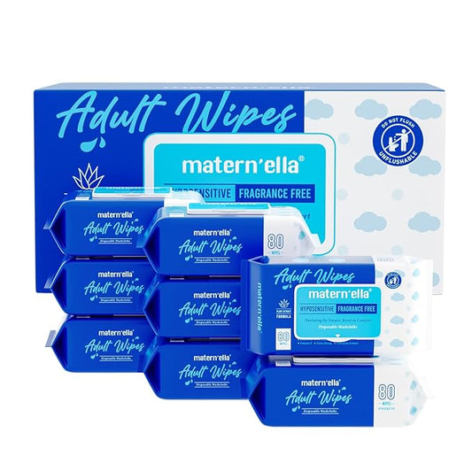 MATERN'ELLA Adult Wet Wipes, Cleansing Wash Cloths for Elderly Care, 99% Pure Water for Incontinence, Personal Bath, Alcohol-Free, 8 Flip-Top Packs(640 Wipes Total)