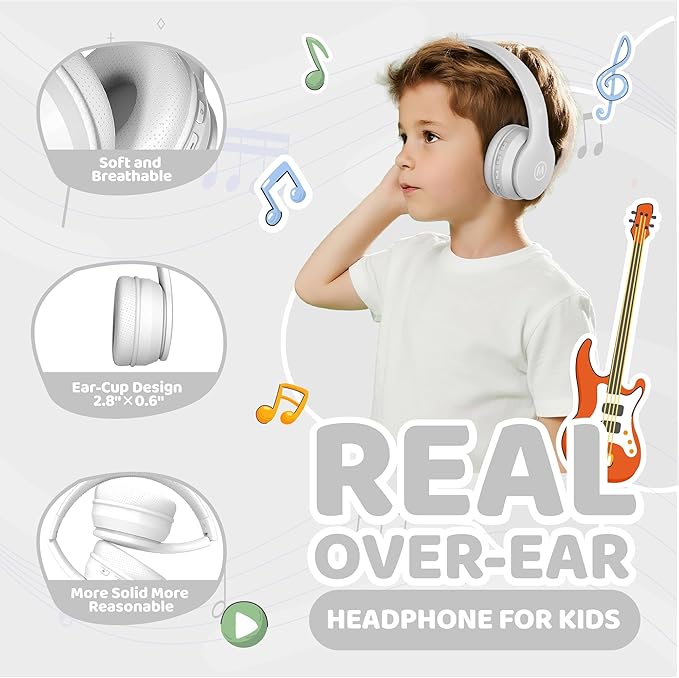Headphones Kids Bluetooth 5.4 Wireless Play Time 68H Safe Volume Limit 85/94dB Over-Ear Foldable Headset,Fast Charging,with Aux Cord Built-in Mic for Toddler Child Pad Study Tablet White