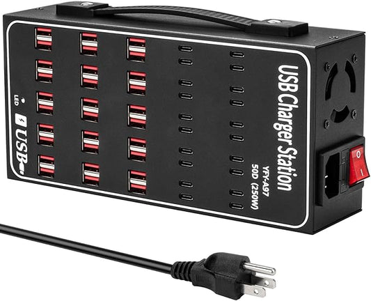 Multiple USB Charging Station, RUANSZZ 50 Port 250 Watt (50A) USB~C Charger Block with Power Switch, Multiple USB Desktop Charger Station, Suitable for Shops, Hotels, Schools, Shopping malls