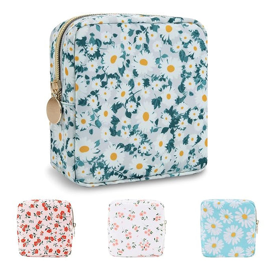 Waterproof Mini Floral Makeup Bag Pouch for Purse,Nylon Flower Cosmetic Travel Bag Small Preppy Toiletry Organizers Bag for Women Girl,Cute Zipper Pouch Coin Purse for Work(Mini Green-Daisy)