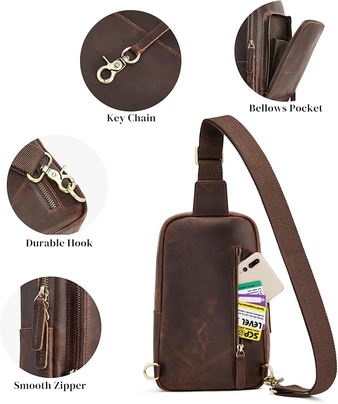 S-ZONE Sling Bag for Men Women RFID Blocking Top Grain Leather Crossbody Shoulder Bag Chest Hiking Daypack Travel