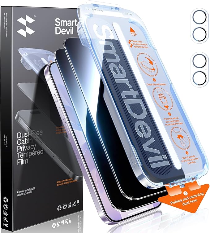 SMARTDEVIL 2+2Pack for iPhone 17 Privacy Screen Protector with Camera Lens Protector,Shatterproof Tempered Glass [True 28°Anti Spy] [9H Hardness] [Automatic Dust-Elimination Install] [Bubble Free]