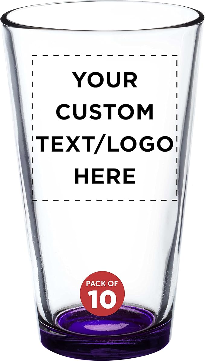 Custom Arc Pint Glass 16 oz. Set of 10, Personalized Bulk Pack - Beer Glasses, Heavy Duty Drinkware - Purple