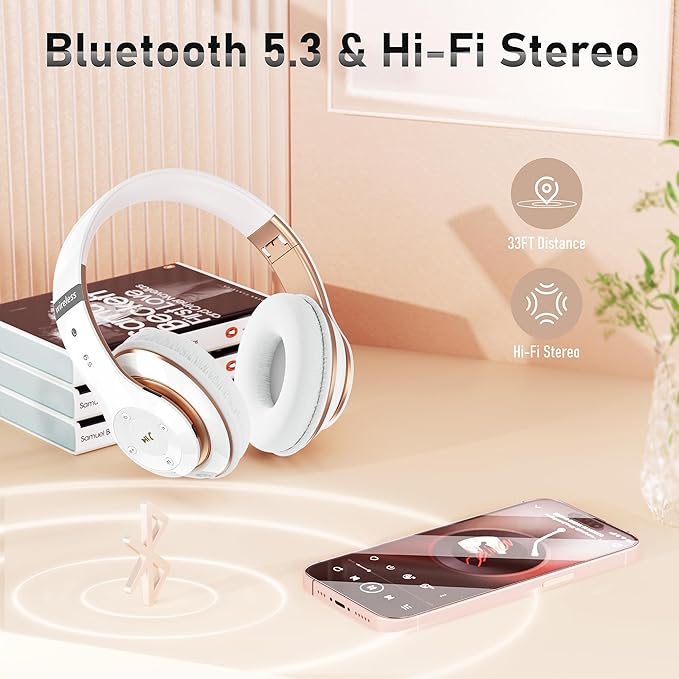 Bluetooth Headphones Over Ear, 6S Foldable Wireless Headphones with 6 EQ Modes, 40 Hours Playtime HiFi Stereo Headset with Mic, Soft Ear Pads, TF/FM for Cellphone/PC/Home (White & Gold)