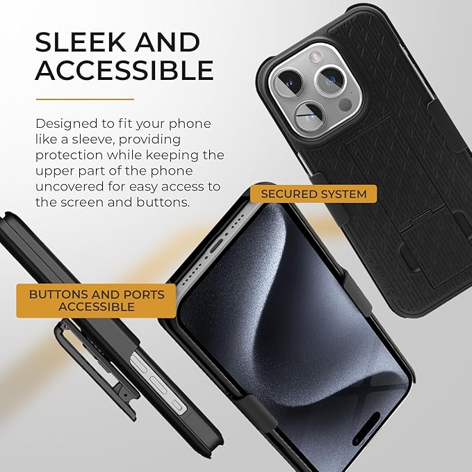 MOTIVE for iPhone 15 Pro Case with Belt Clip, Shell Holster Combo for Apple iPhone 15 Pro Holster, Slim Rugged Case, Drop Shockproof Protective Cover & Kickstand, 6.1 inch | Black