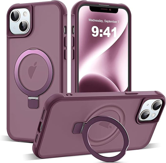 Compatible with iPhone 14 Plus Case with Invisible Magnetic O-Ring Stand Military-Grade Translucent Case for iPhone 14 Plus 6.7" [Compatible with Mag-Safe][Great Grip Feeling], Wine Red