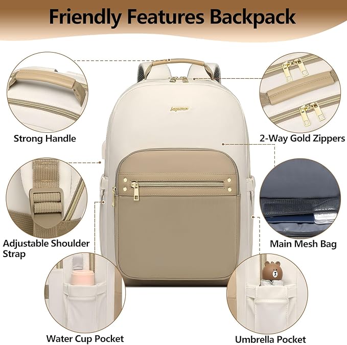 Laptop Backpack for Women Girls Bookbag - 17.3 Inch School Backpacks with USB Charging Port for Teen Students College Nurse Book Bag Work Teacher Back Pack Waterproof Casual Travel Daypack Khaki Beige
