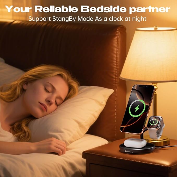 3 in 1 Wireless Charging Station for Multiple Devices Apple Magsafe Charger Stand, Mag-Safe Wireless Charger Dock for iPhone 16 15 14 13 12 Series Apple Watch Airpods Nignt Stand Charging Dock(Black)