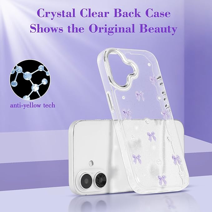EYZUTAK Case for iPhone 16, Bling Glitter 3D Bowknot Phone Case Cute Sparkly Crystal Clear Bow Aesthetic Design Case Slim Soft Durable TPU Transparent Protective Cover for Women Girl - Purple Bow