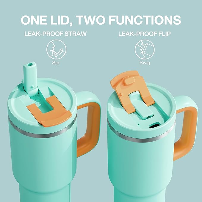 40 oz Tumbler with Handle and Straw: Stainless Steel Insulated Tumbler Keeps Cold for 24 Hours, Leakproof Travel Cup Fits in Cup Holder and BPA-Free, Soft Cyan