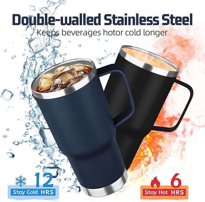 20 oz Tumbler with Handle Stainless Steel Insulated Coffee Mug Tumbler with Lid and Straw Double Wall Vacuum Insulated Coffee Mug Leak Proof Travel Mug Tumbler for Hot and Cold Drink (Navy Blue,1pack)