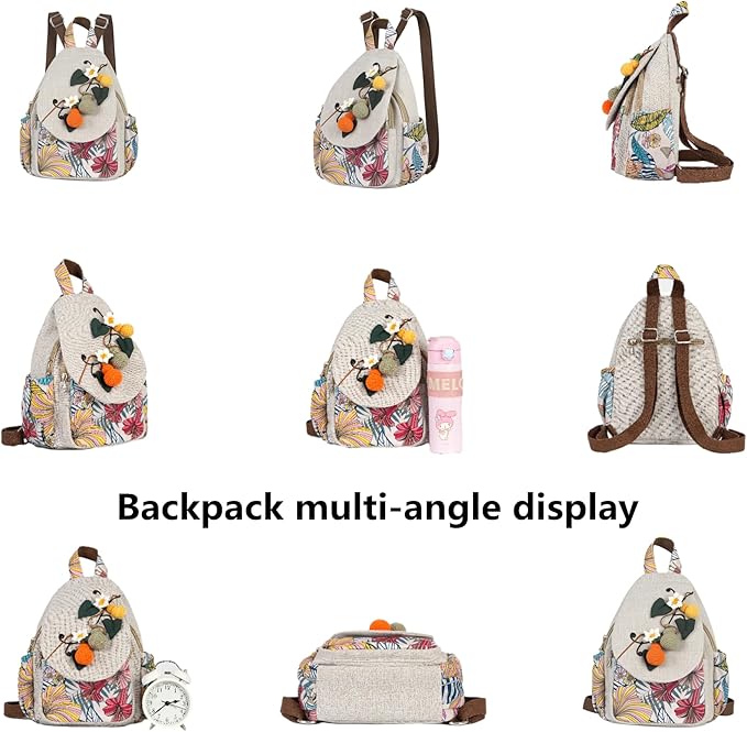 HUANGGUOSHU Women Cotton Woven Bohemian Hemp Boho Canvas Embroidery Multi Pocket Retro Cute Backpack Wallet Backpack（Avocado）