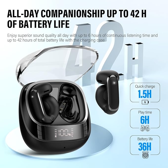 Wireless Earbuds, Clip On Ear Headphones, Bluetooth 5.4 HiFi Stereo Earbuds, 42H, LED Display Ear Buds, Comfortable Lightweight, IP7 Waterproof Open Ear Earphones, Earbud for Workouts Running, Black