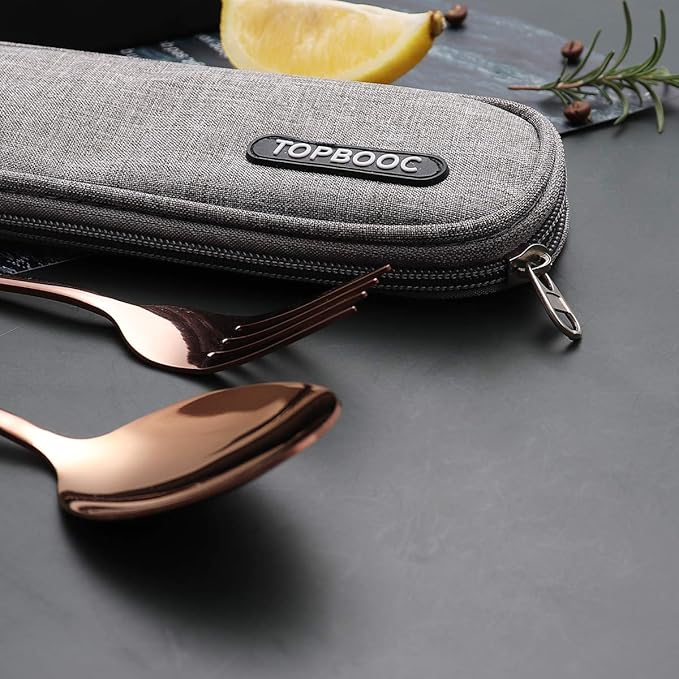 Portable Stainless Steel Flatware Set, Travel Camping Cutlery Set, Portable Utensil Travel Silverware Dinnerware Set with a Waterproof Case (Rose God)