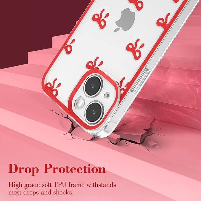 EYZUTAK Case for iPhone 15 Plus, Clear Cute Ribbon Bowknot Pattern Aesthetic Transparent Phone Case Raised Camera Protection Stylish Slim Soft Durable TPU Protective Cover for Women Girls - Red
