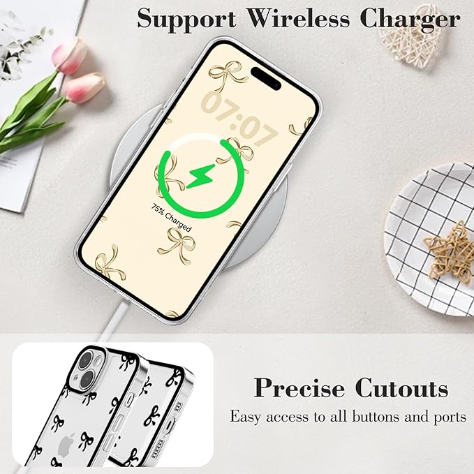 EYZUTAK Case for iPhone 14, Clear Cute Ribbon Bowknot Pattern Aesthetic Transparent Phone Case Raised Camera Protection Stylish Slim Soft Durable TPU Protective Cover for Women Girls - Black