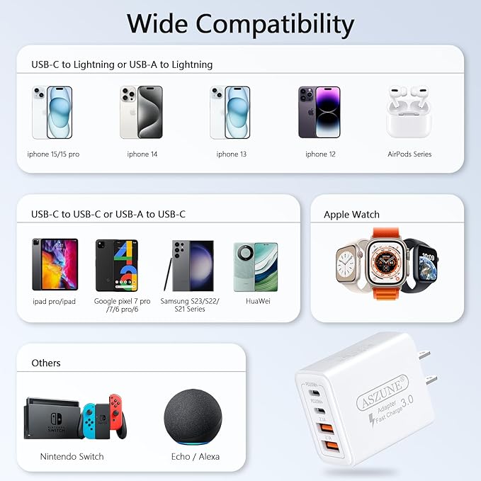 USB C Wall Charger 40W 4-Port for Apple Watch Series10/9/8/7/6/5/Ultra SE,USBC Cube Power Adapter Wall Plug Multiport Type C Brick for iPhone 16 15 Plus/15 Pro Max