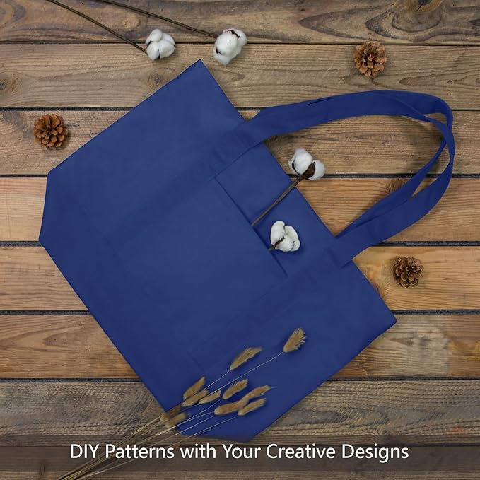 TOPDesign 6-Pack Canvas Tote Bags with an External Pocket, Reusable Grocery Shopping Bags, Top Zipper Closure, Daily Essentials (Blue)