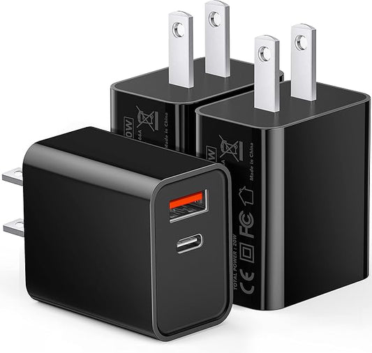 3 Pack Type C Charger, Dual Port USB C Wall Plug 20W PD & QC3.0 USB A Fast Charging Block for Samsung Galaxy S24 S23/S3+/S23 Ultra/S22/S22+/S22 FE/Note 20 Ultra/10, iPhone 16/15 Brick Box(Black)