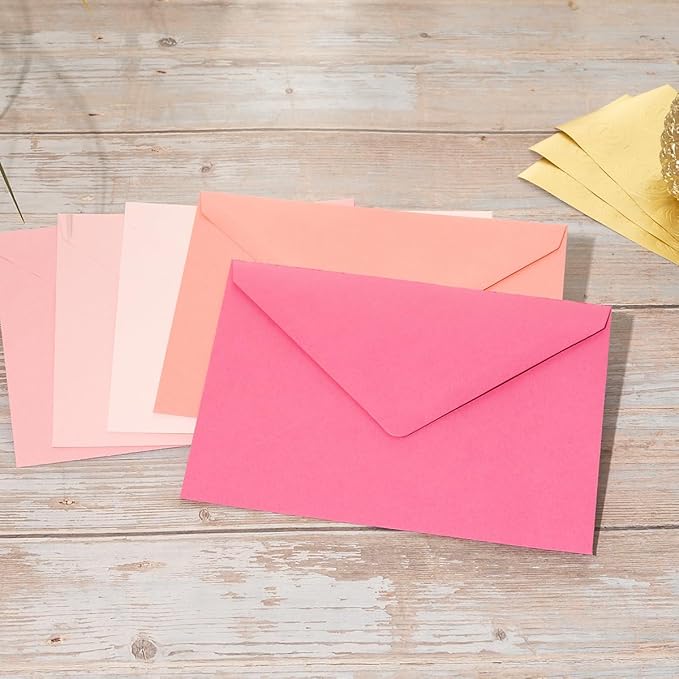 Wishop 25 Pieces A7 Colored Envelopes with Cards and Stickers Set 5 Colors for Weddings, Invitations, Birthday, Baby Shower, 5x7 inches (Pink 5Colors)