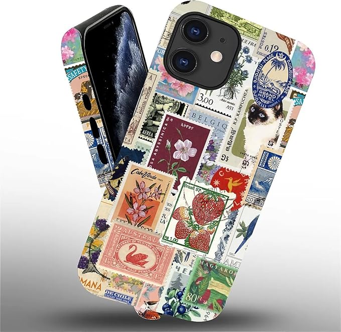 Case for iPhone 11,Vintage Stamp Collage for Woman Men Full Body Protective Cover Shockproof 2 in 1 Silicone + Hard PC Case for iPhone 11
