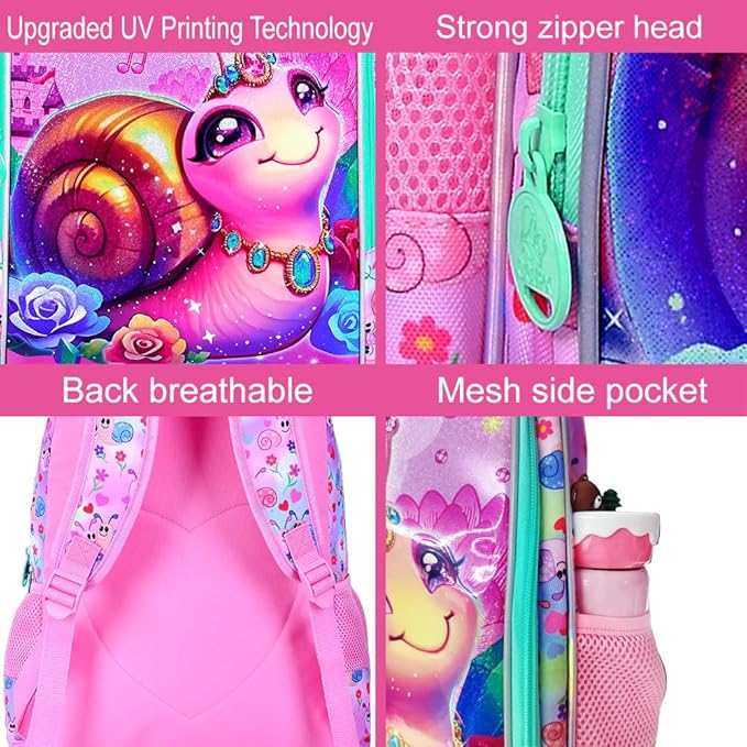 16" Backpack for Girls, 16" Kids Bookbag with Lunch Box，Snail School Backpacks for Elementary Preschool Kindergarten (Pink)