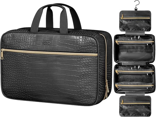 Dot&Dot Spacious Leather Toiletry Bathroom Bag - Hanging Travel Toiletry Bag for Women - Men's & Women's Toiletries Makeup and Cosmetic Organizer for Traveling Women