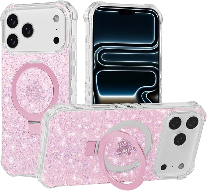 Magnetic for iPhone 17 Pro Case with Invisible Stand, Compatible with MagSafe, Clear Bling Sparkle Shockproof Slim Anti-Slip Military Drop Protection Hard Phone Case 6.3" Glitter Pink