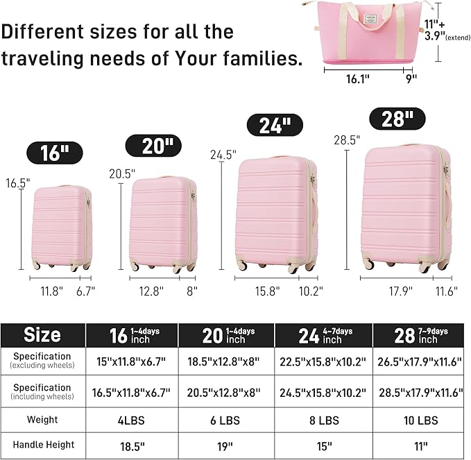 Merax Luggage sets of 13 Piece 16 20 24 28 IN Carry on Luggage sets 4 piece Hardcase Light Pink Luggage Expandable Suitcase Set with Wheels