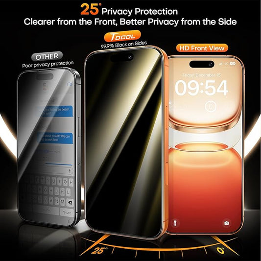 TOCOL Privacy Screen Protector for 17 Pro Max, 6.9 inch 9H Hardness Military Grade Shatterproof HD Tempered Glass for 17 ProMax Full Coverage Easy Installation 2 Pack