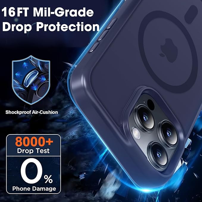 MOCCA Strong Magnetic for iPhone 16 Pro Phone Case, [Compatible with Magsafe][16FT Mil-Grade Drop Protection] Slim Thin Translucent Matte Protective Cover Case for iPhone 16 Pro Case, Deep Blue