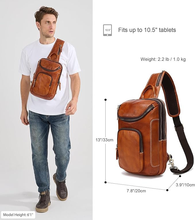 LANNSYNE Vintage Full Grain Leather Sling Bag Crossbody Chest Daypack
