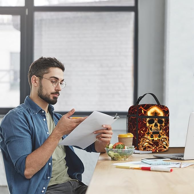 Video Game Lunch Box Skull Fire Cooler Insulated Reusable Portable Box Waterproof Leakproof Lunchbox for Boys Girls Kids Picnic Hiking Beach Travel Office